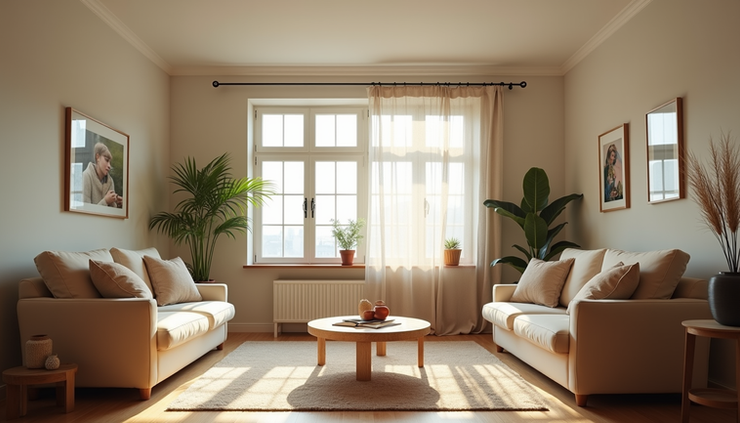 Eye-level view of a cosy living room with soft natural light and familiar furniture