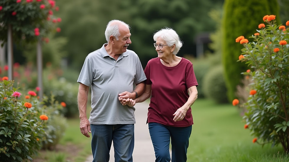 High angle view of a caregiver assisting an elderly person with walking in a garden
