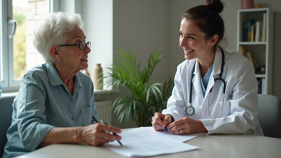 Eye-level view of a caregiver and an elderly client discussing care plans