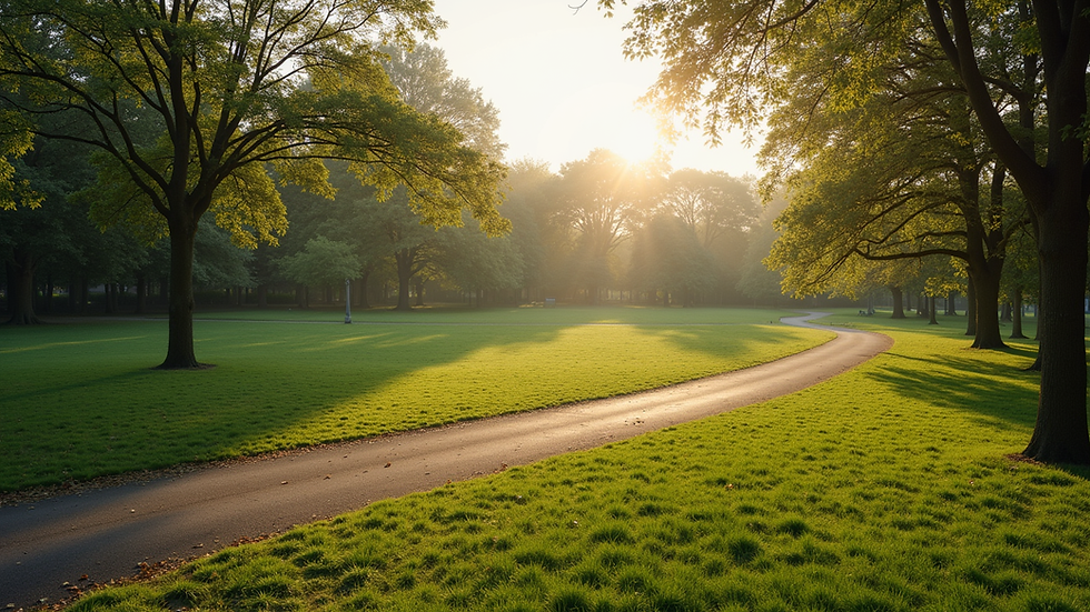 High angle view of a quiet Bedfordshire park with walking paths
