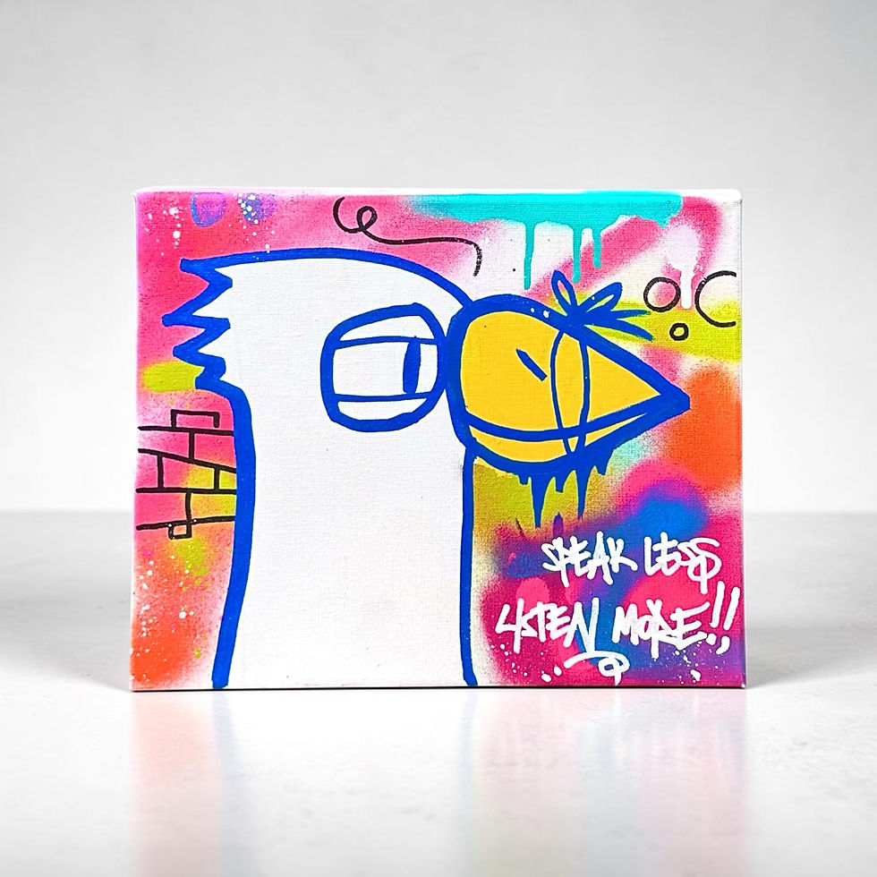 Miniatura: Uccello stilizzato bianco con scritta "SPEAK LESS LISTEN MORE"