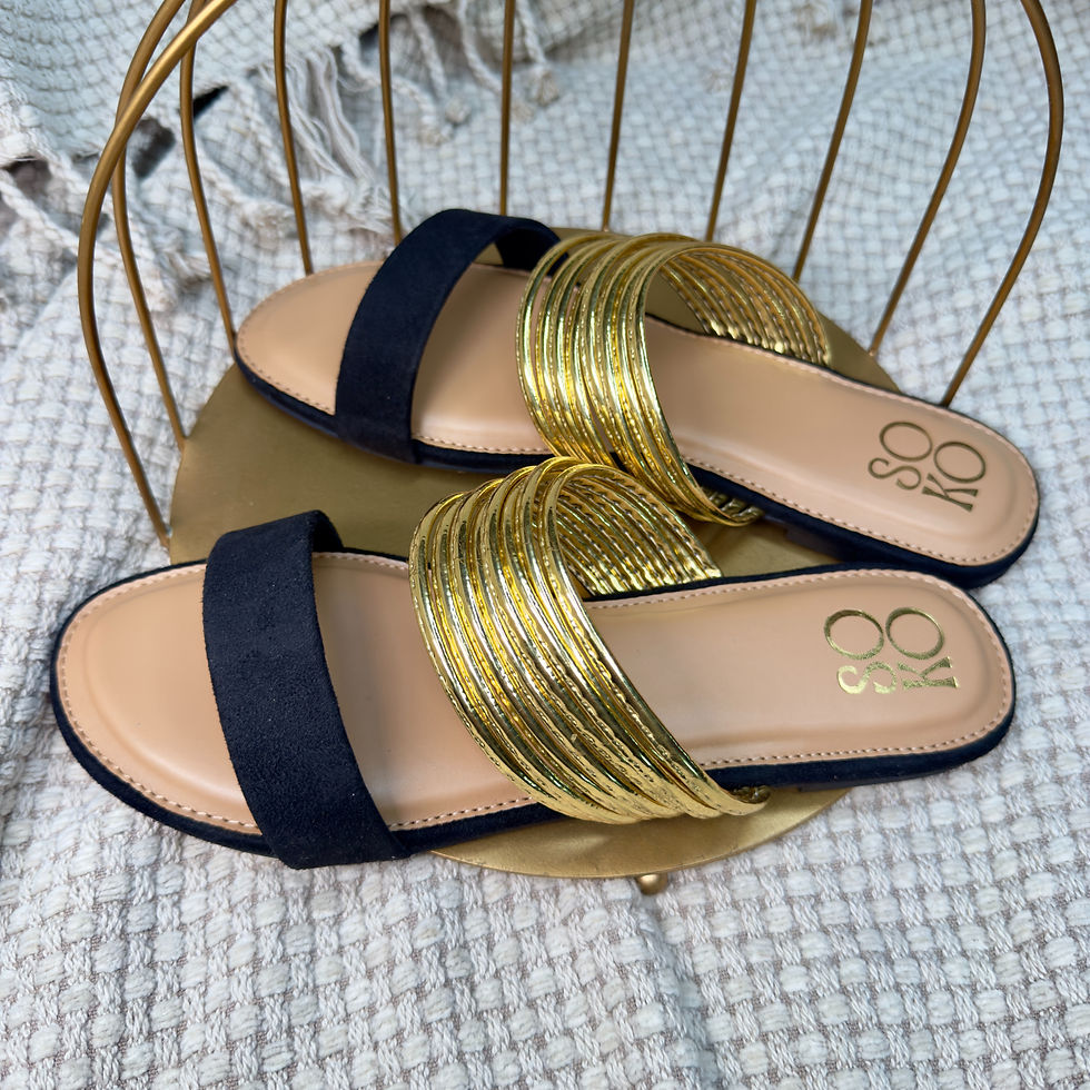 Pair of black and gold sandals, TWO TONE PLATFORM - Yellow, on display with decor