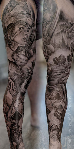 Indianen been sleeve, black and grey shading. Ontwerp en tattoo Joris van Wezel, Shading