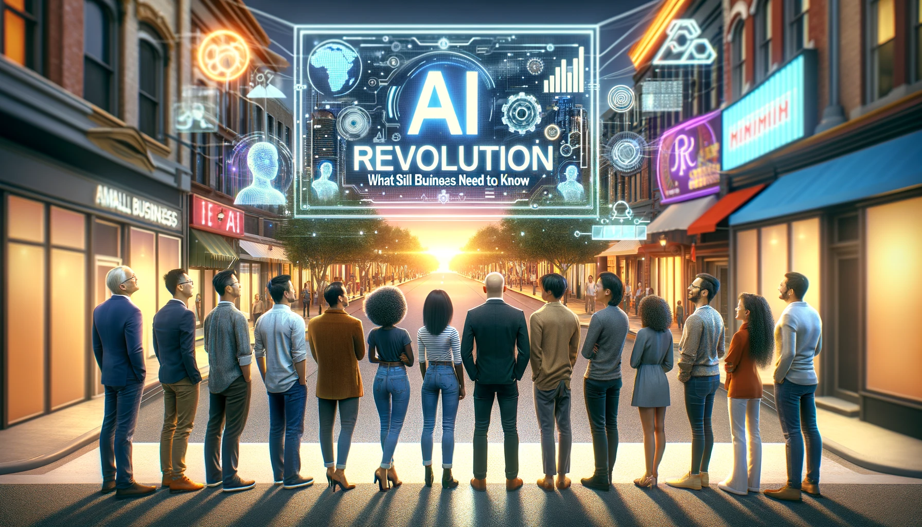 Line of diverse people on street looking above at banner hologram about AI for small businesses