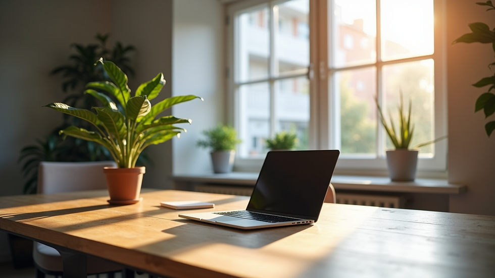 Nahaufnahme eines aufgeräumten Schreibtisches mit Pflanzen und einem Laptop