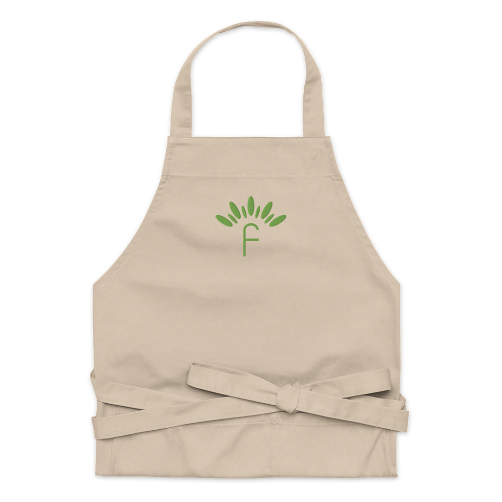 Flexitarian organic cotton kitchen apron – natural beige, embroidered logo, front view with rope tie
