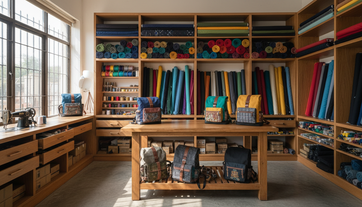 Wide-angle view of fabric rolls and finished backpacks inside a bag-making workshop