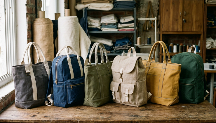 Eye-level view of finished fabric bags arranged on a workshop table.