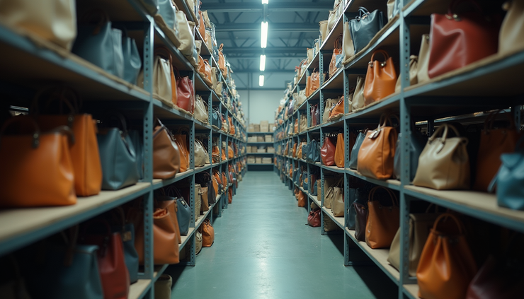 Eye-level view of a workshop with various types of bags displayed on shelves