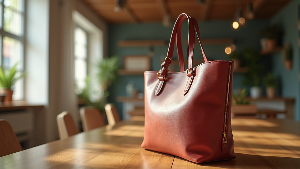 Eye-level view of a stylish tote bag on a wooden table