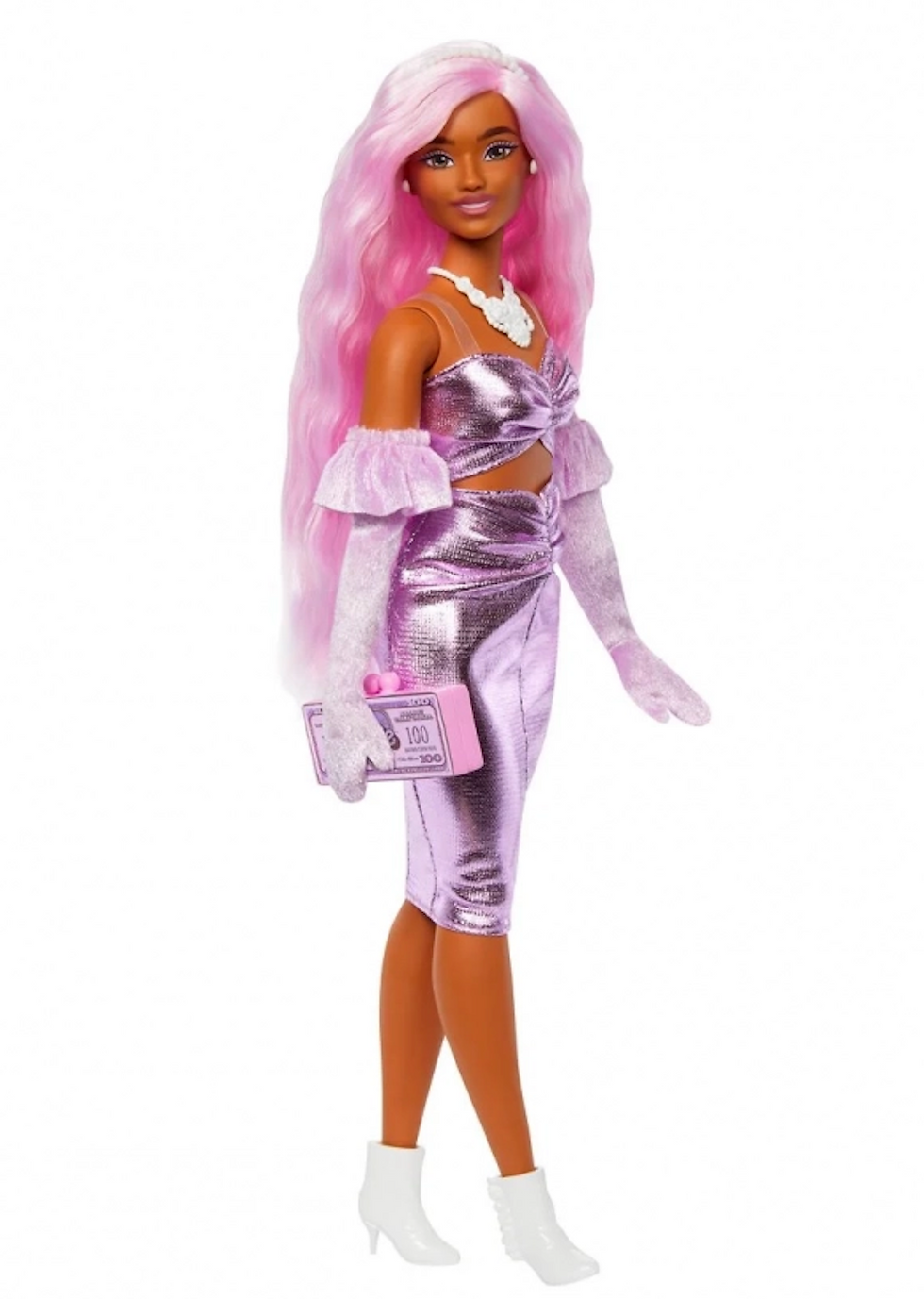 Barbie Deluxe Style Doll #1 in glossy pink Barbiecore dress with velvet gloves and pink hair. Designed for kids aged 4+ and collectors alike! (Image source)