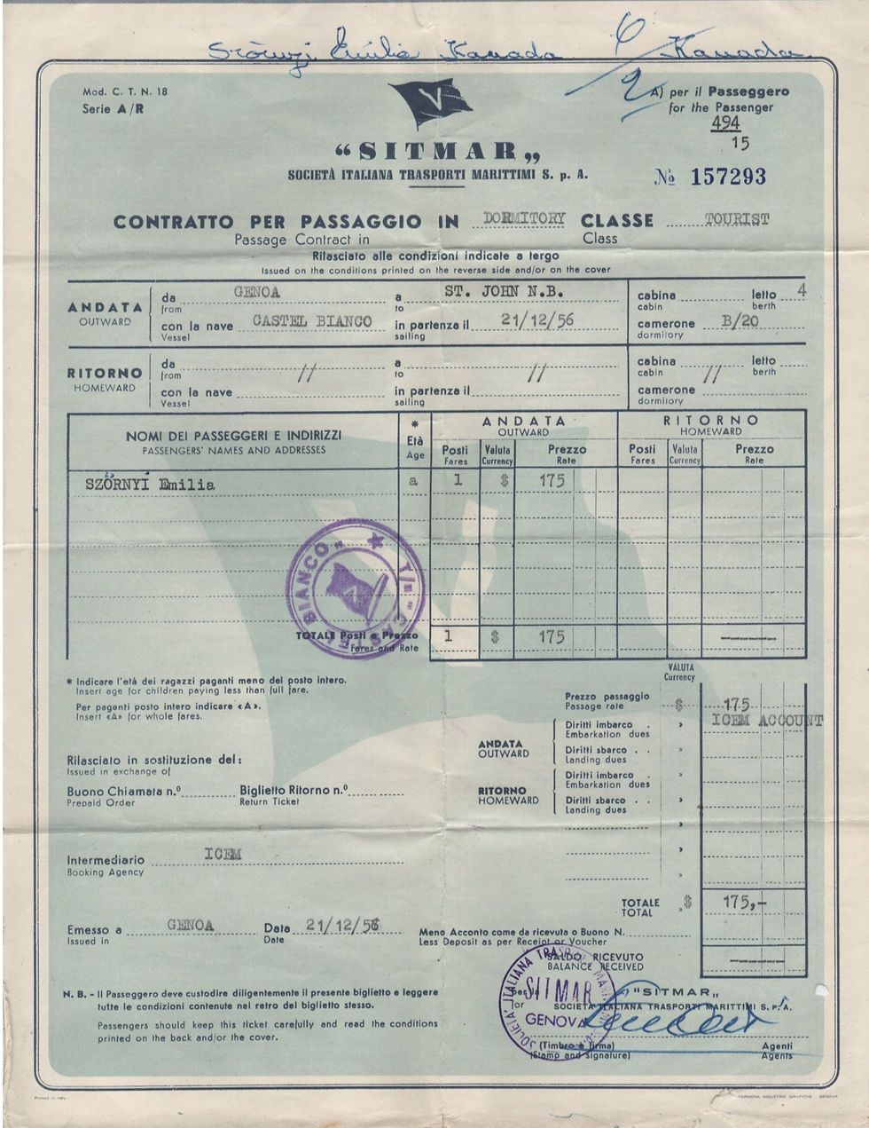 Castle Bianco ship manifest