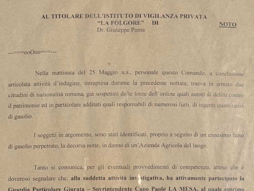 Lettera di encomio del Comandante dei Carabinieri