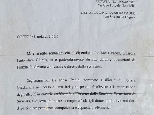 Documento ufficiale della Procura della Repubblica di Siracusa, datato 11 settembre 2007. Encomio a Paolo La Mesa per la condotta professionale.