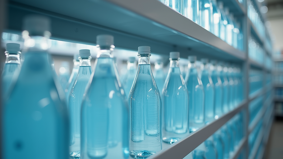 High angle view of sterile distilled water bottles arranged on a shelf