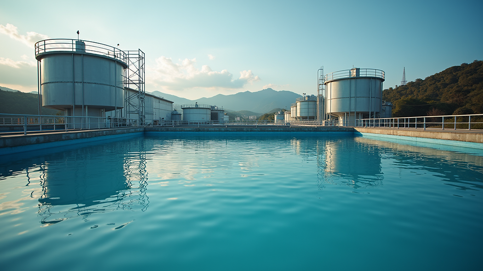 Eye-level view of water treatment plant with clear water tanks