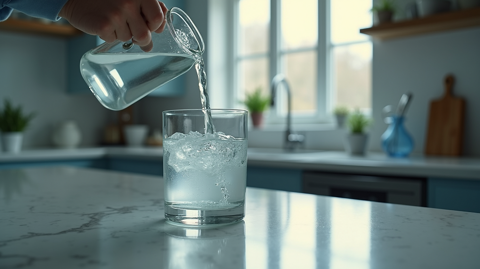 Close-up view of distilled water being poured into a glass container