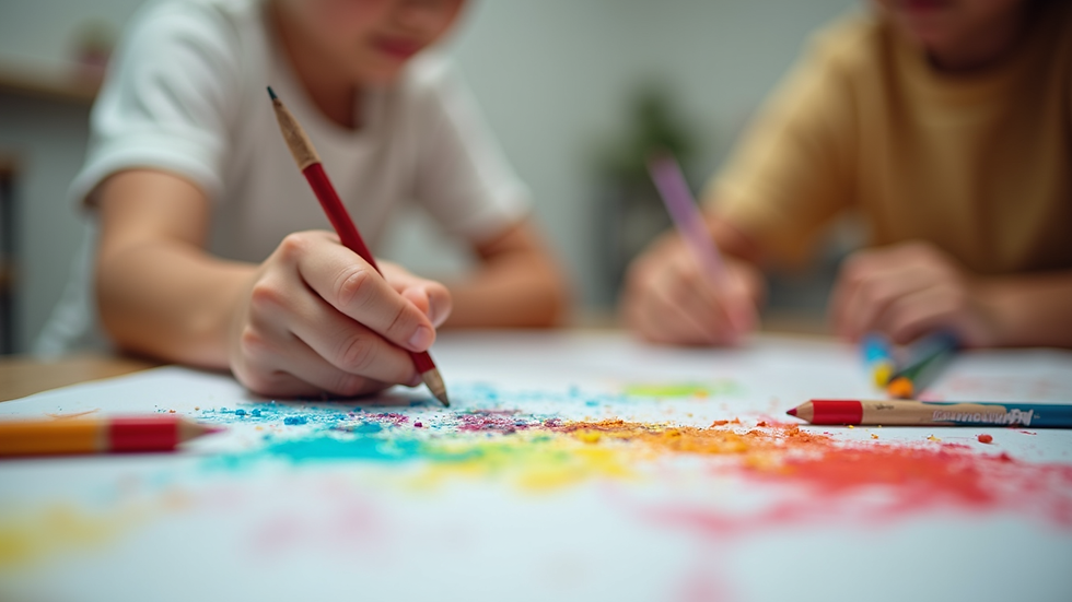 Close-up view of preschool art supplies and creative projects
