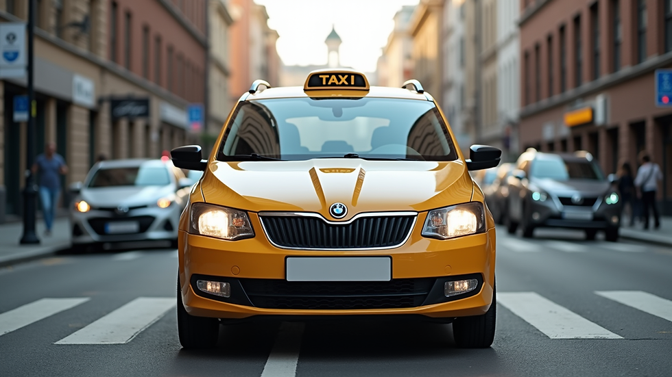Eye-level view of a clean, accessible taxi parked on a city street