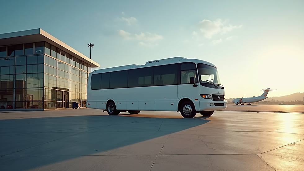Wide angle view of a shuttle van parked outside an airport terminal