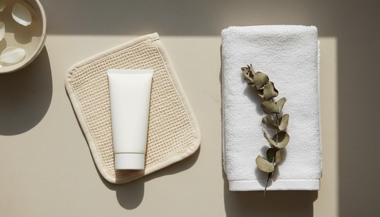 Overhead view of fragrance-free moisturiser and a soft exfoliating cloth beside a towel.