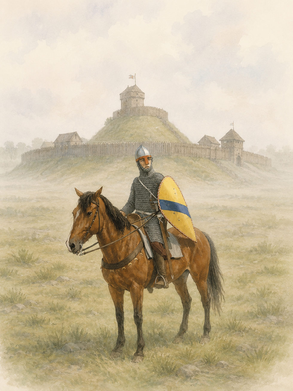 cavaliere davanti a un castello motte and bailey