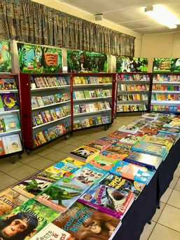 Library full of colourful children's books.