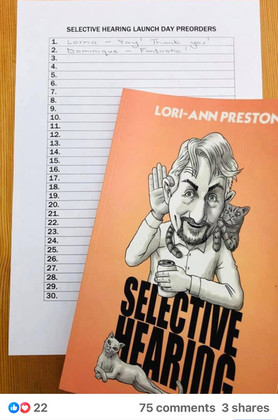 A sheet to record presales of self-published book, Selective Hearing by Lori-Ann Preston.