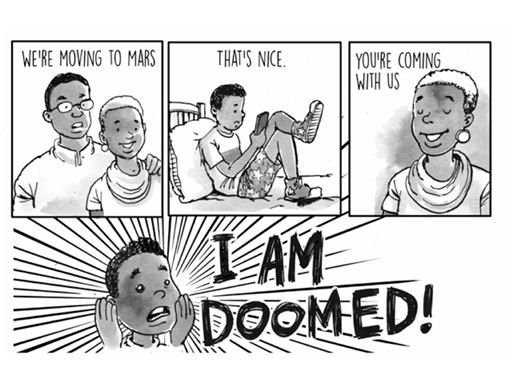 Comic extract from Thabo the Space Dude, Thabo screams 'I'm Doomed' when learning his family is moving to Mars.