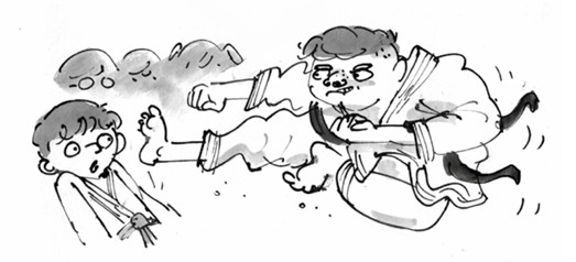 Boden, the bully from Vampi the Flying Guinea Pig, doing a karate kick.