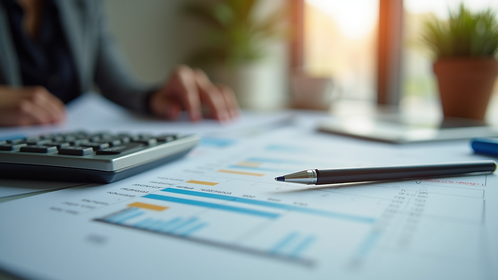 Plano detalle de escritorio con documentos financieros y calculadora