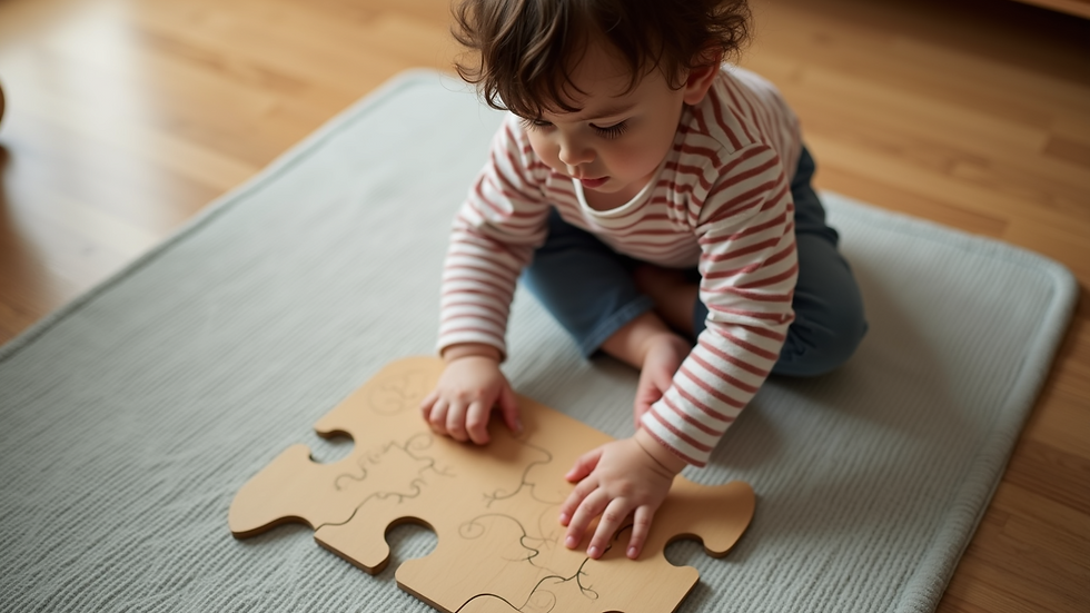 High angle view of a toddler playing with a wooden puzzle on a play mat