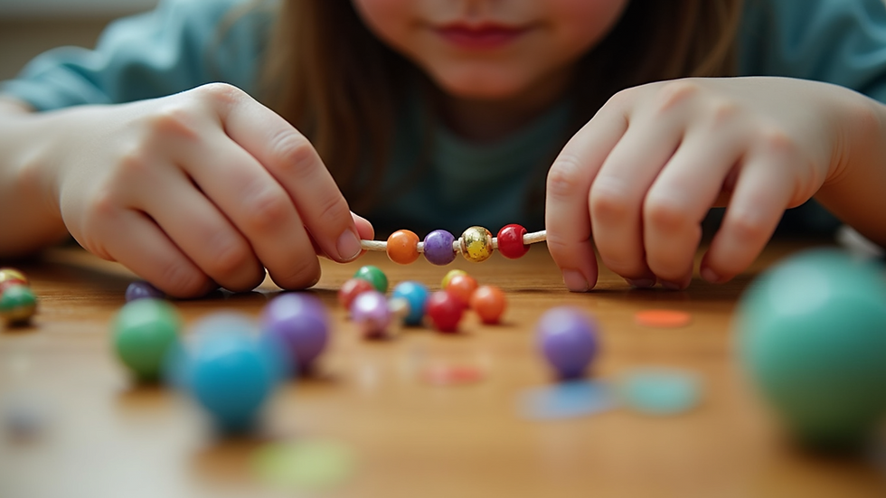 Eye-level view of a child’s hands threading beads on a string