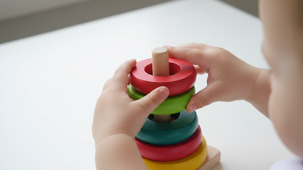 Close-up view of a toddler stacking colorful wooden rings on a peg