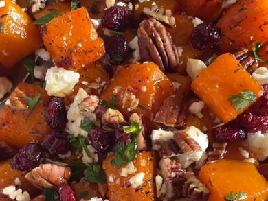 Roasted Butternut Squash with Pecans, Cranberries, Feta & Hot Honey