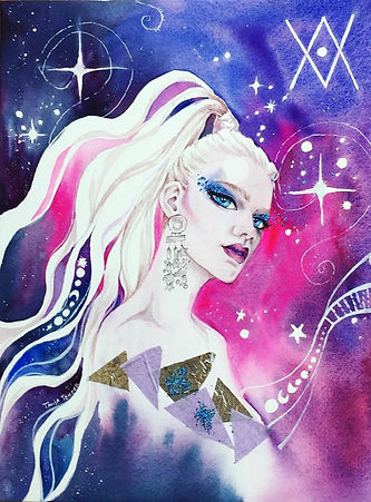Fantasy-Porträt einer Frau mit silbernen Haaren und kosmischem Hintergrund, erstellt im Tinten Fox Studio mit Aquarell und Mixed Media.