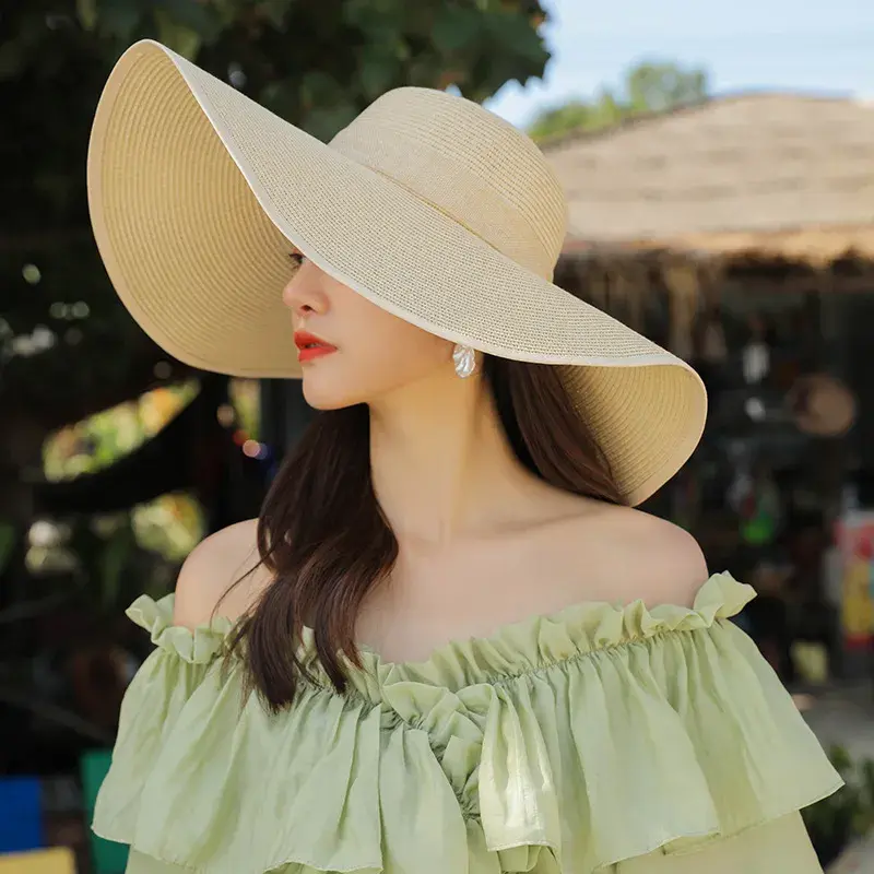 Miniatura: 15CM Wide Brim Beach Straw Hats for Women Simple Foldable Summer Outing