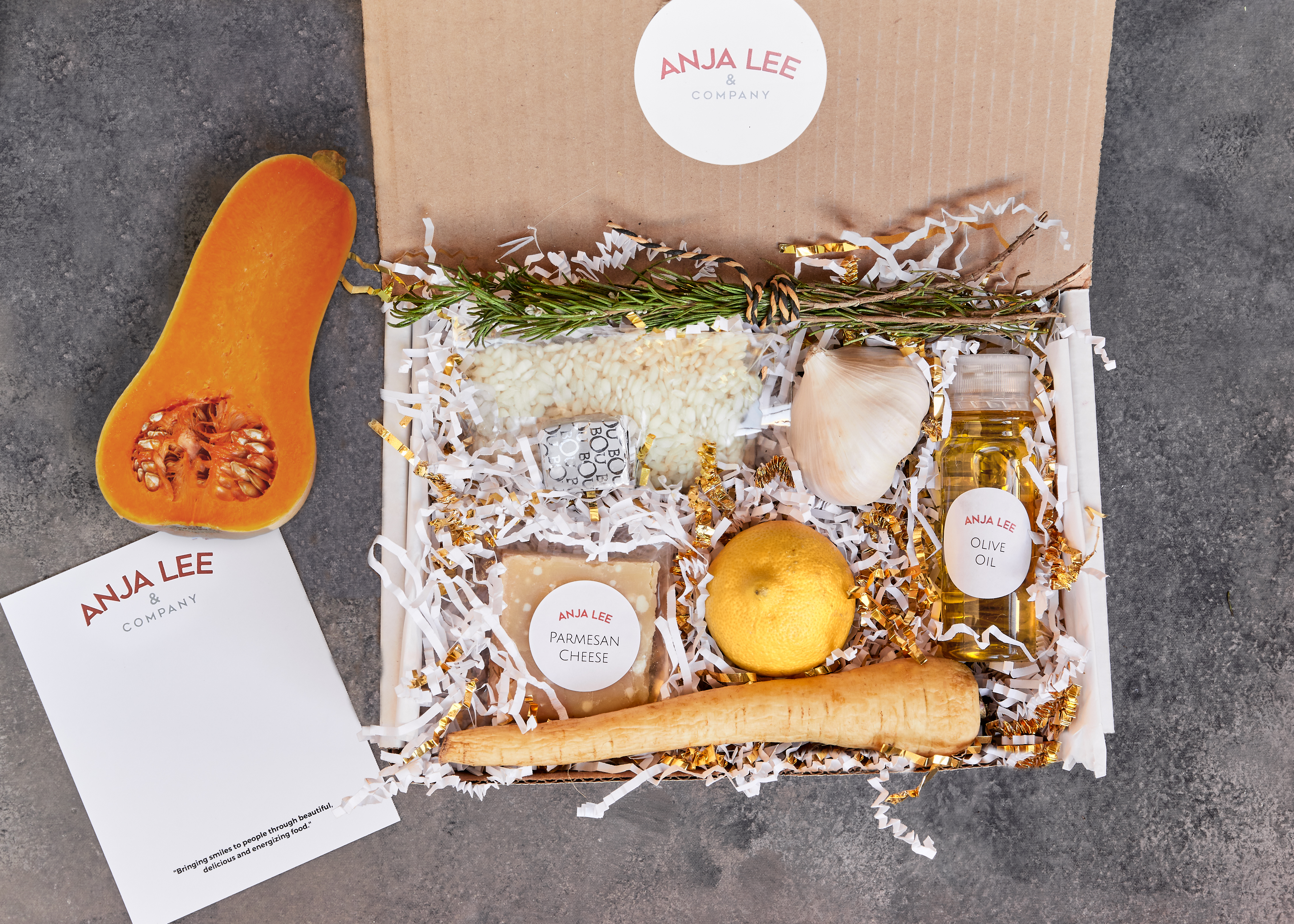 Cooking kit with butternut squash, parsnip, rosemary and lemon