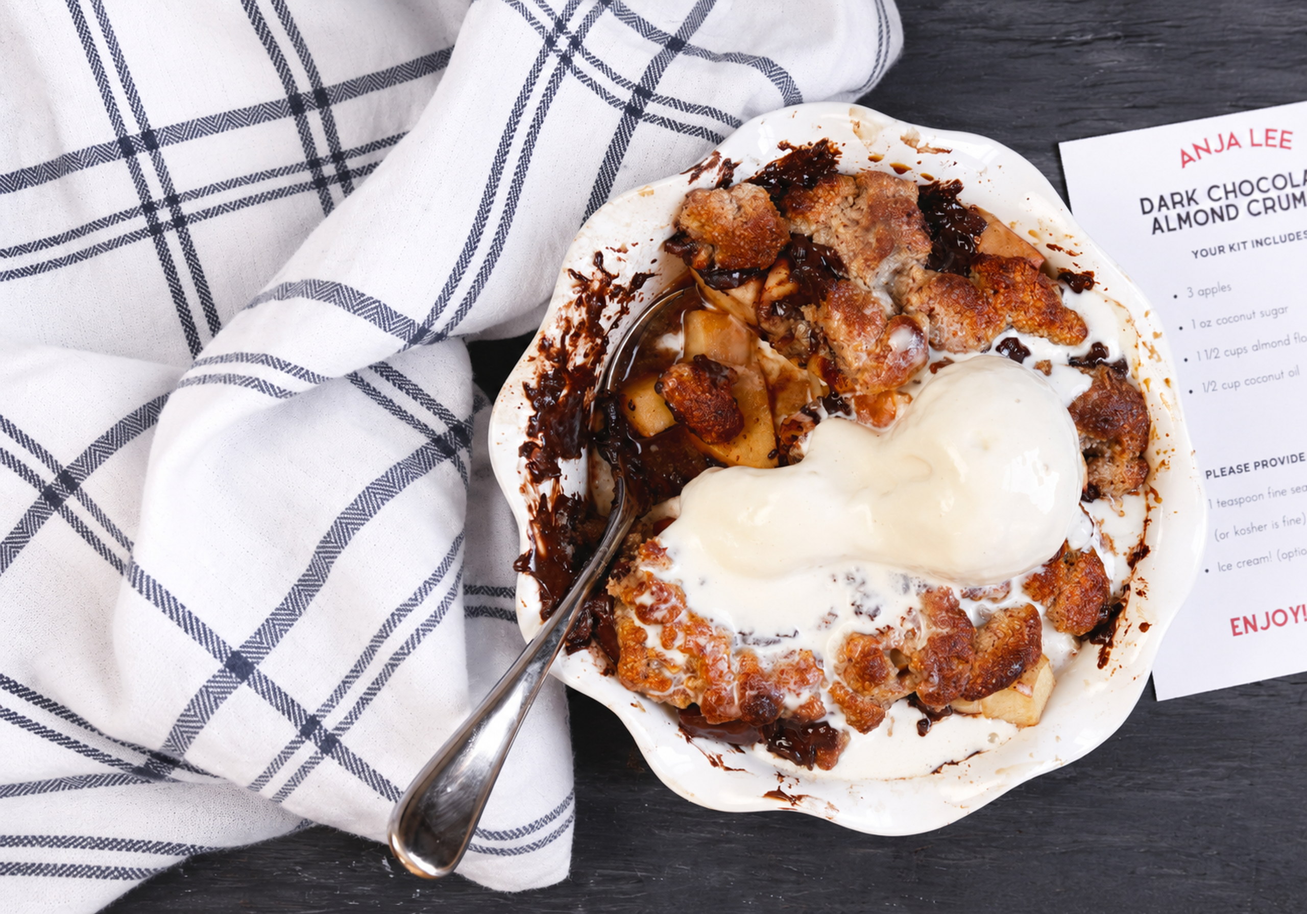 Dark chocolate almond apple crumble with ice cream and recipe card