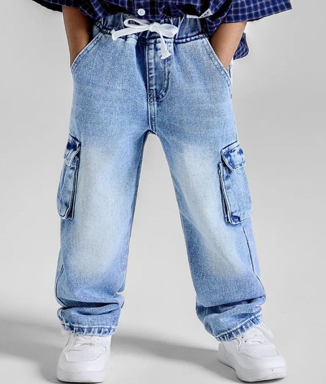 Little King Denim Cargo Trousers with Tie Waist