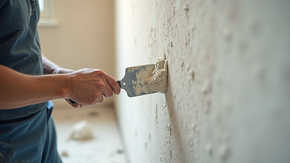 Close-up view of a plasterer applying plaster to a wall with a trowel