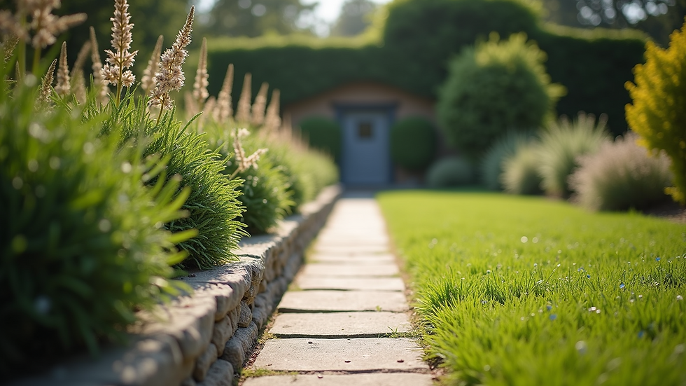 Close-up view of a garden with plastered borders