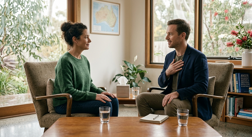 Person sitting in a calm therapy session with a psychologist, representing anger management support and emotional regulation therapy in Australia | The Harvest Clinic