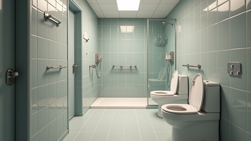 Eye-level view of a well-lit bathroom with grab bars and non-slip mats