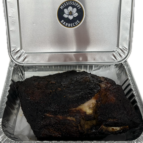 Smoked meat in aluminum container, Mississippi Barbecue logo. Mississippi Barbecue.