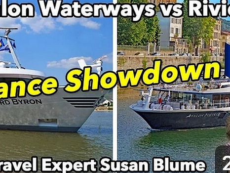 Split image of two river cruise lines, Susan Blumes face from Personal Escape Travel