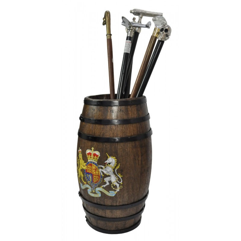 Thumbnail: Wood Umbrella / Walking Stick Stand - Vintage Barrel Style - Coat of Arms