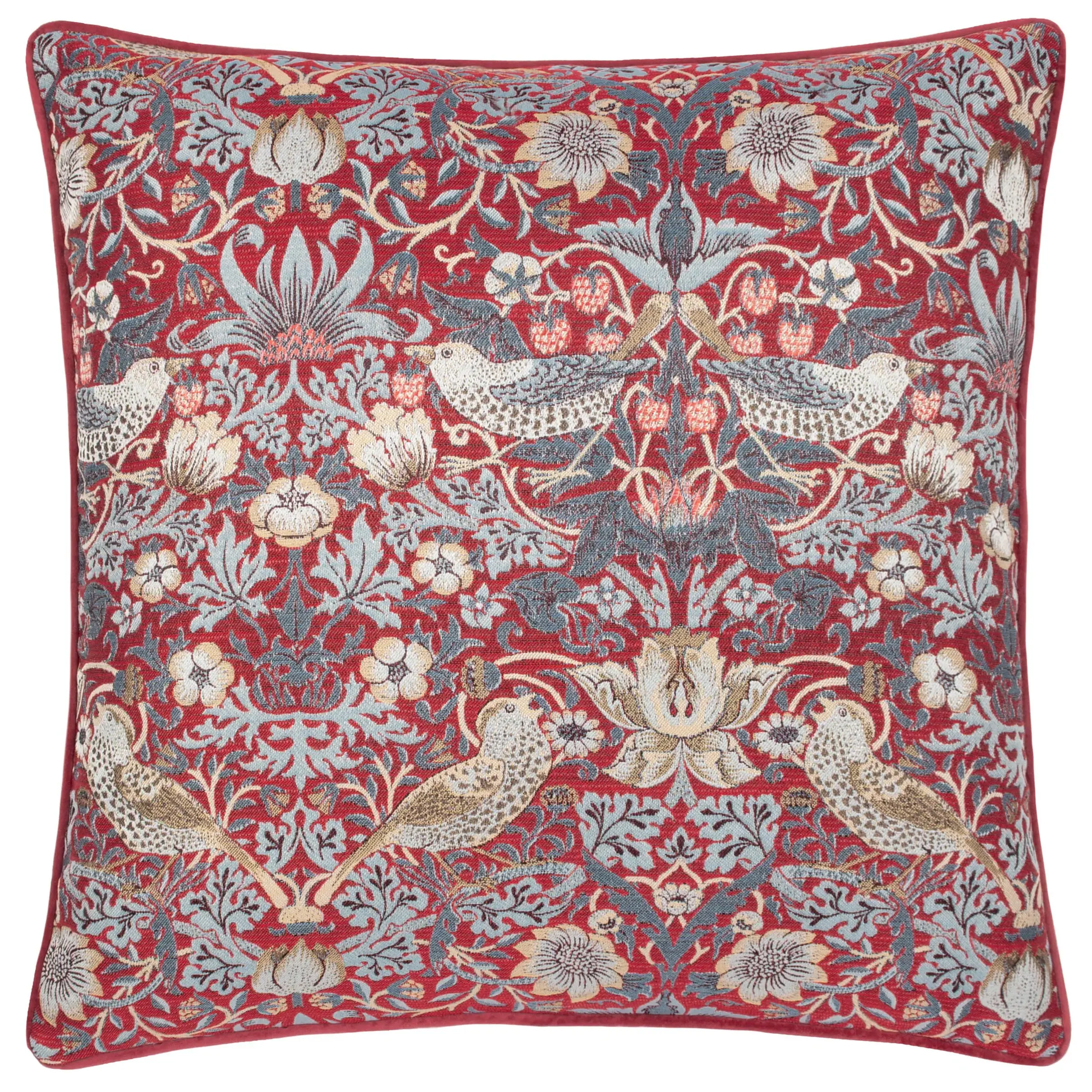 Morris & Co Strawberry Thief Piped Jacquard Cushion Berry