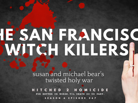 The San Francisco Witch Killers on a black background with red spatter and a left hand with the ring finger up wearing a wedding band