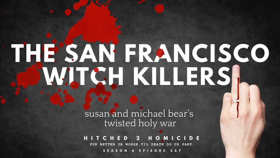 The San Francisco Witch Killers on a black background with red spatter and a left hand with the ring finger up wearing a wedding band